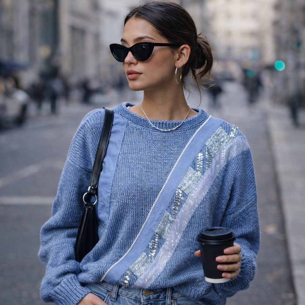 Vintage COOGI Style‎ Nannell Women Small Blue Sweater with Sequin Detail